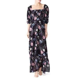 Nicholas Black Floral Silk Square Neck Smocked Maxi Dress Size 0